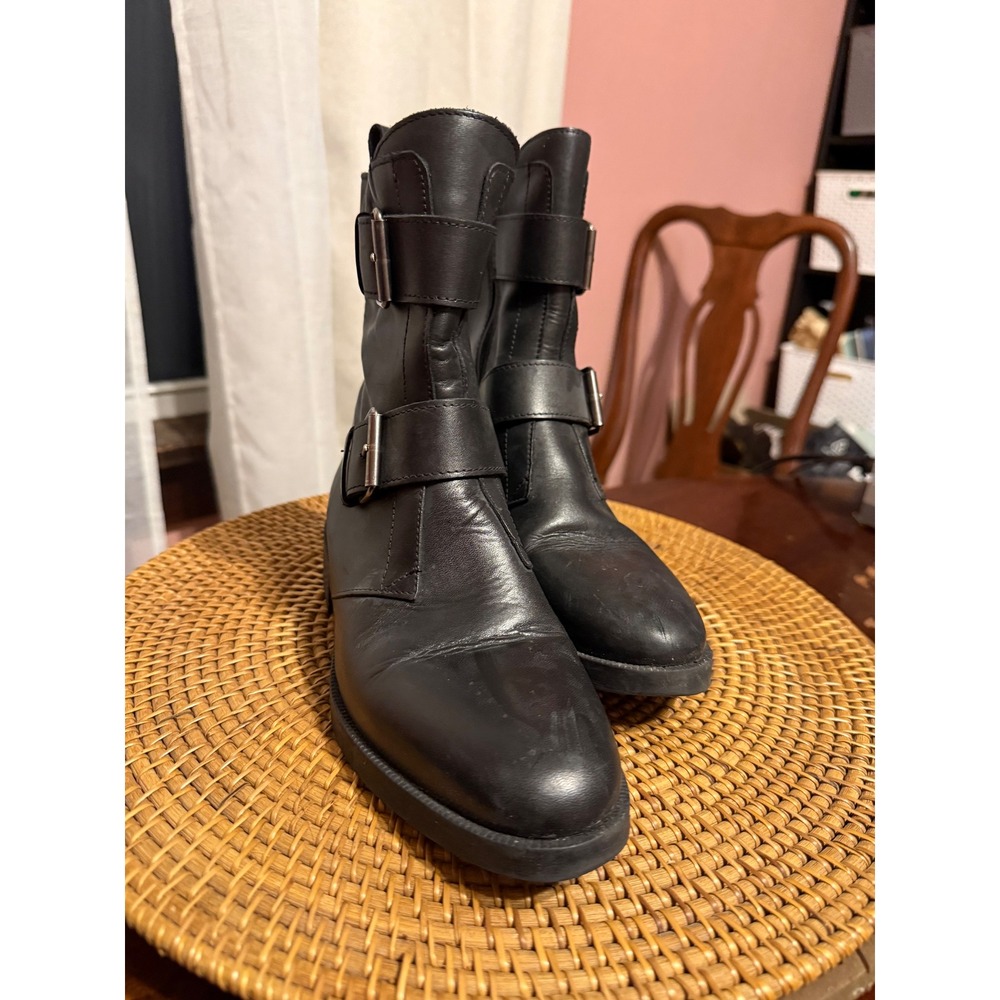 Emanuele Crasto Black Leather Double Buckle Moto Boots Made in Italy Size 37